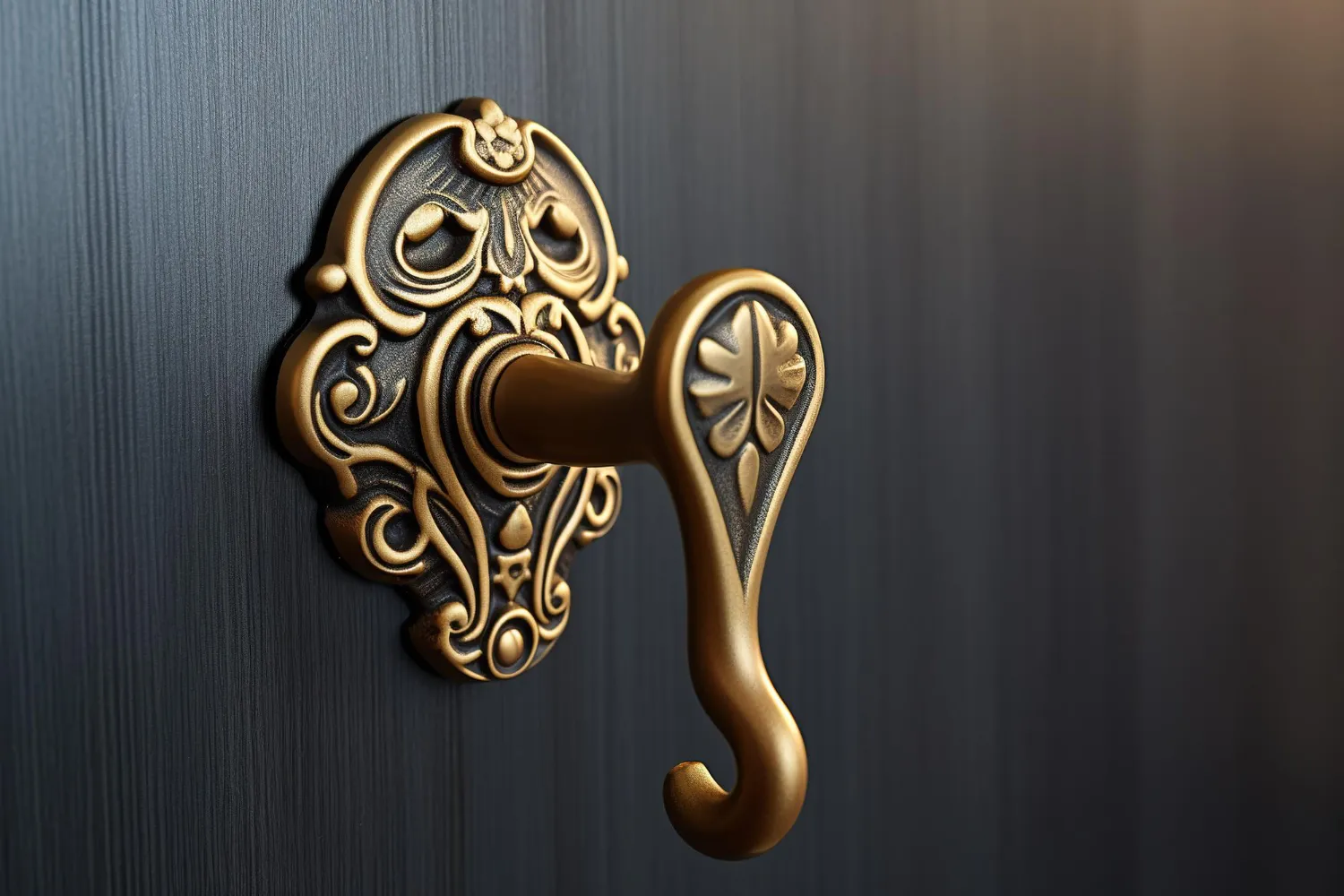 Intricate gold door handle with classic detailing, enhancing luxury interior design. มือจับประตูสีทองลวดลายละเอียด เสริมความหรูหราให้กับการออกแบบตกแต่งภายใน