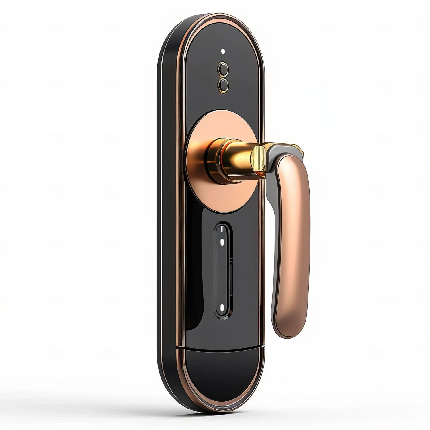 Luxury smart door lock with modern design and sleek golden handle. มือจับประตูสมาร์ทล็อคหรูหราพร้อมการออกแบบที่ทันสมัยและด้ามจับสีทอง