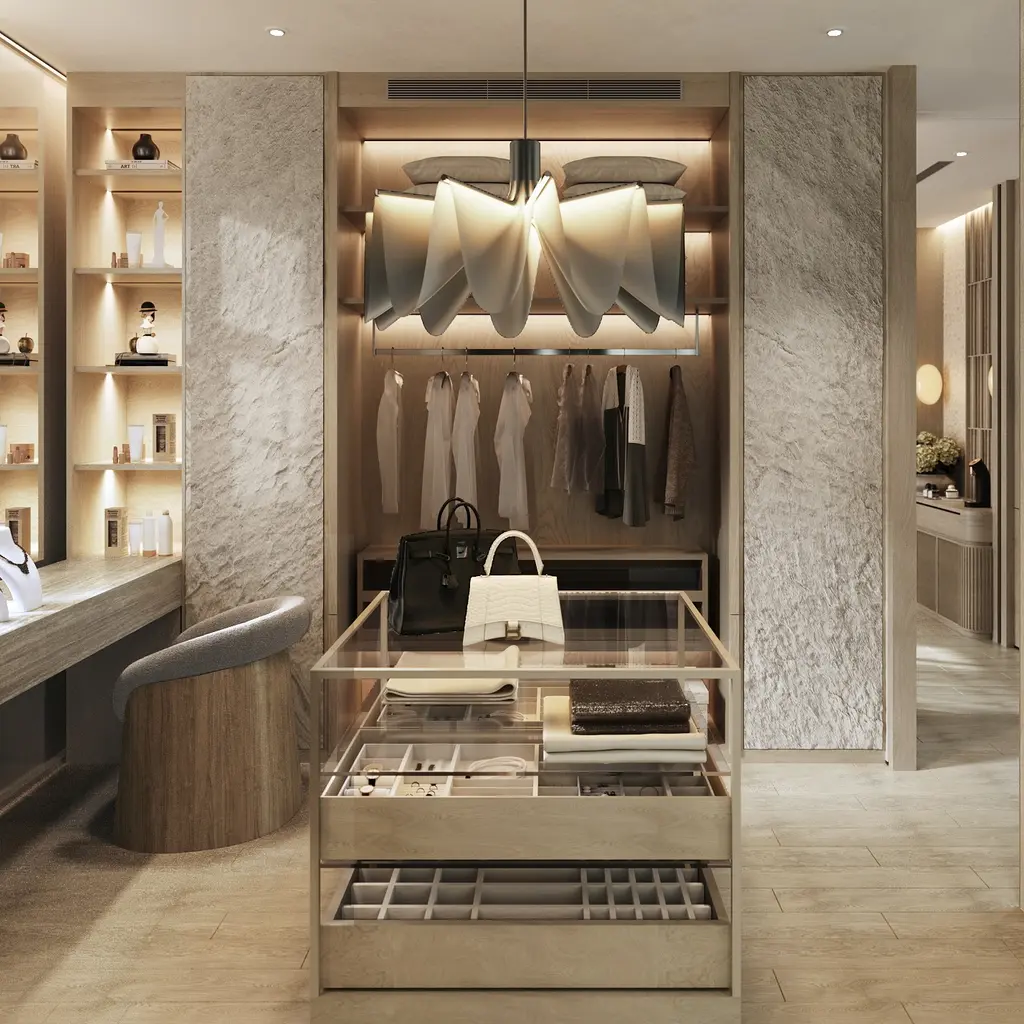 ออกแบบ walk in closet ด้วยแสงไฟเพิ่มบรรยากาศ