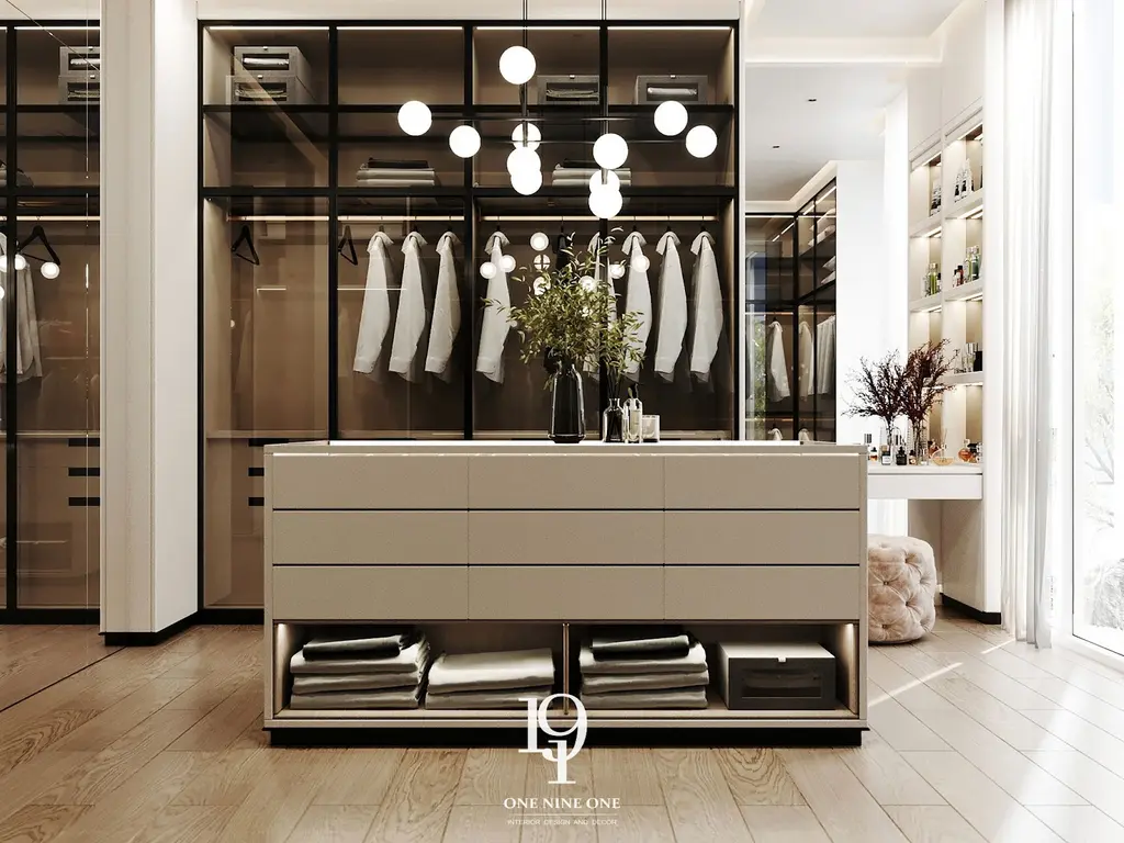 ไอเดียตกแต่ง walk in closet ด้วยโต๊ะ island