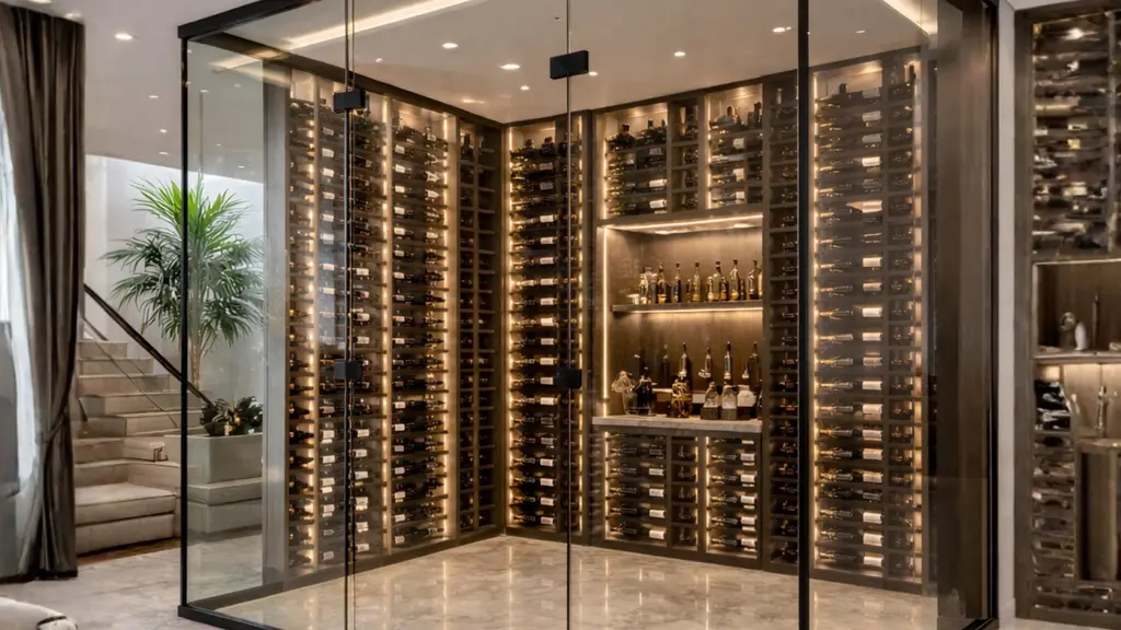 modern glass enclosure การออกแบบห้องเก็บไวน์สไตล์โชว์งานศิลปะ