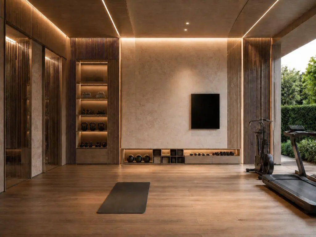 home gym แบบเน้นงาน built in ด้วยไม้ระแนง
