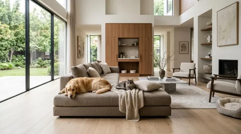 ห้องนั่งเล่นหรูหราสไตล์โมเดิร์นที่ออกแบบเป็นพิเศษสำหรับบ้าน pet-friendly พร้อมสุนัขและแมวอยู่ในพื้นที่อย่างสบาย