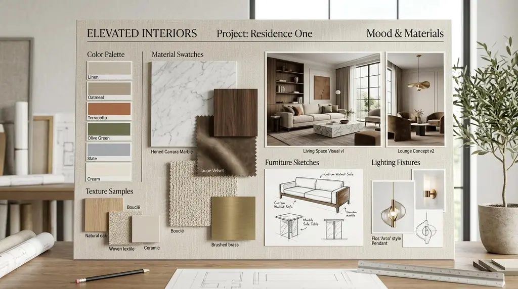 moodboard และภาพจำลอง 3D แสดงคอนเซปต์การออกแบบตกแต่งภายใน