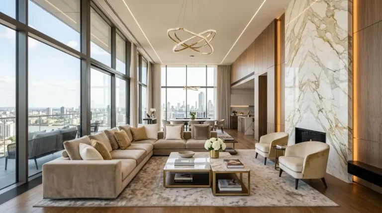 ห้องนั่งเล่นสไตล์ Luxury Interior Design ที่ตกแต่งด้วยหินอ่อนแท้และวัสดุพรีเมียม