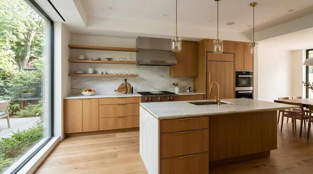 ห้องครัวสไตล์ modern luxury ที่ใช้วัสดุแต่งบ้านแบบ material contrast