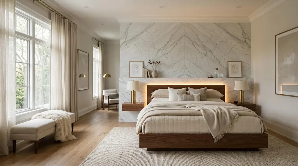 ห้องนอนหลักสไตล์ timeless interior พร้อมผนังหินอ่อน เตียงไม้วอลนัต ผ้าลินิน