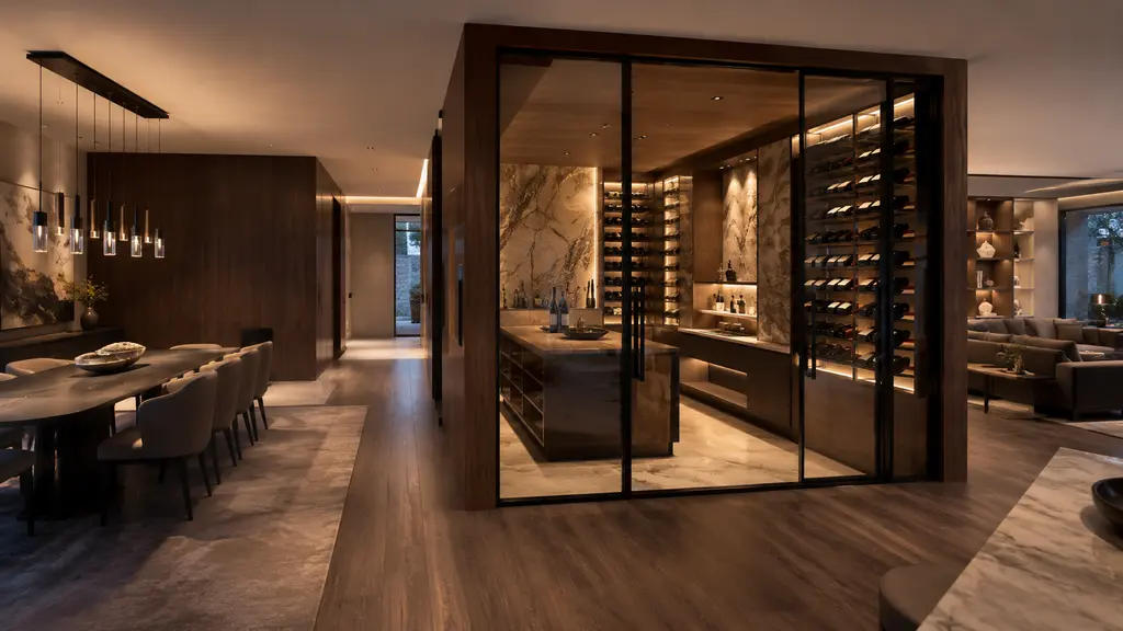 การวางตำแหน่ง wine room เชื่อมกับห้องรับประทานอาหารกับห้องนั่งเล่น