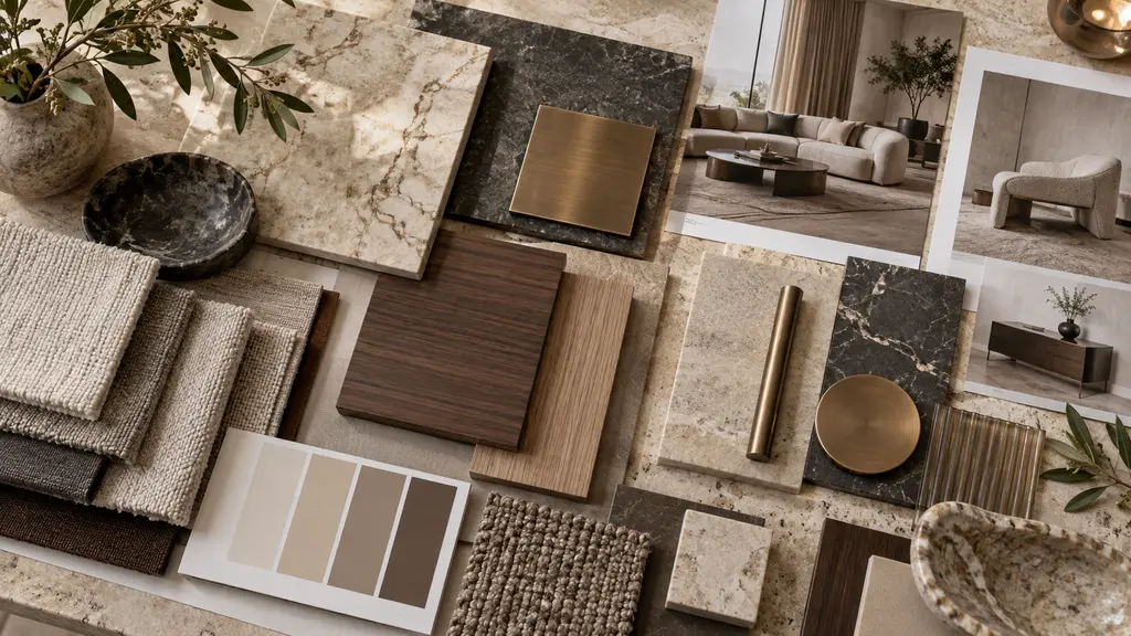 moodboard และ material palette สำหรับตกแต่งภายในบ้านหรู